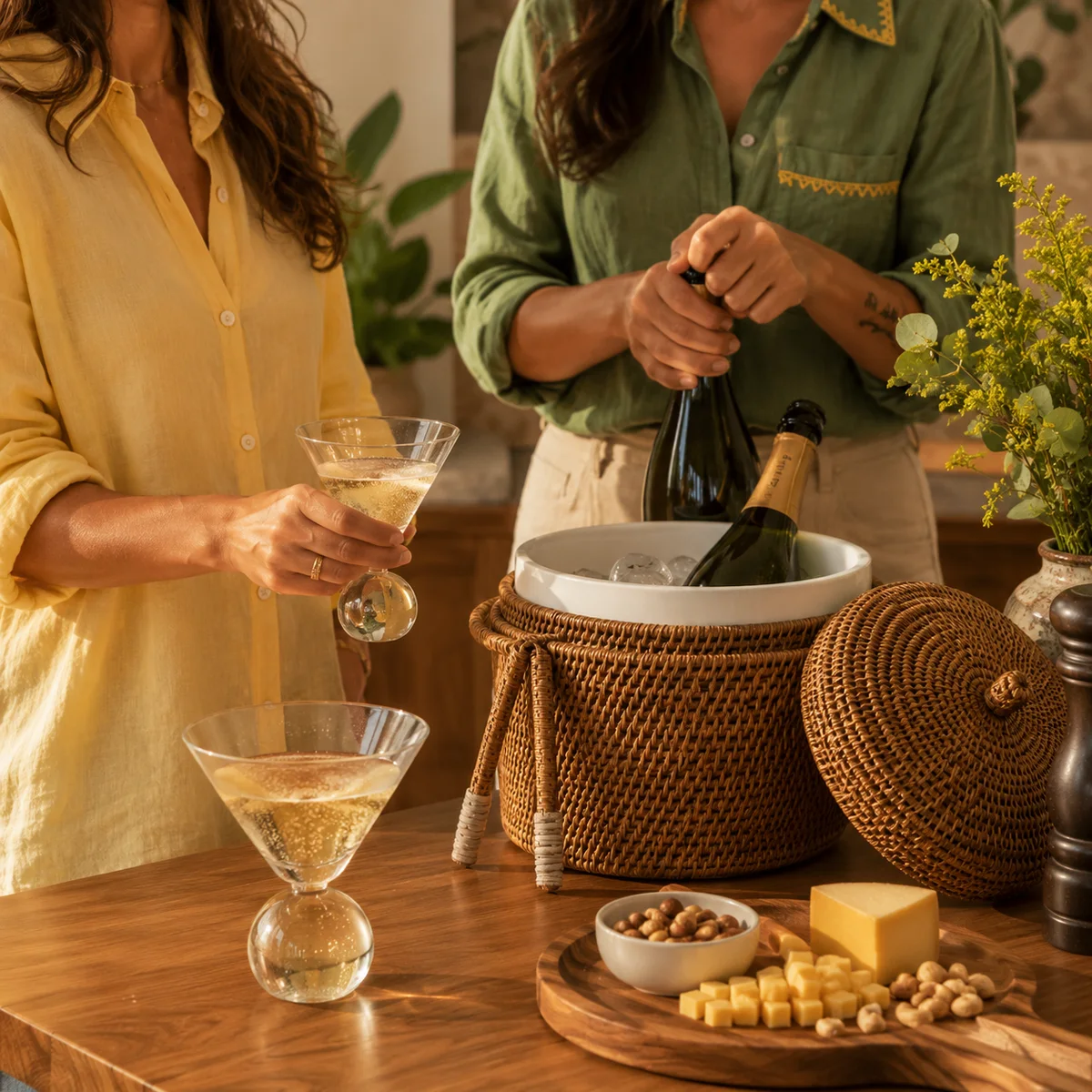 Mesa de celebração com bebidas, cesto e aperitivos